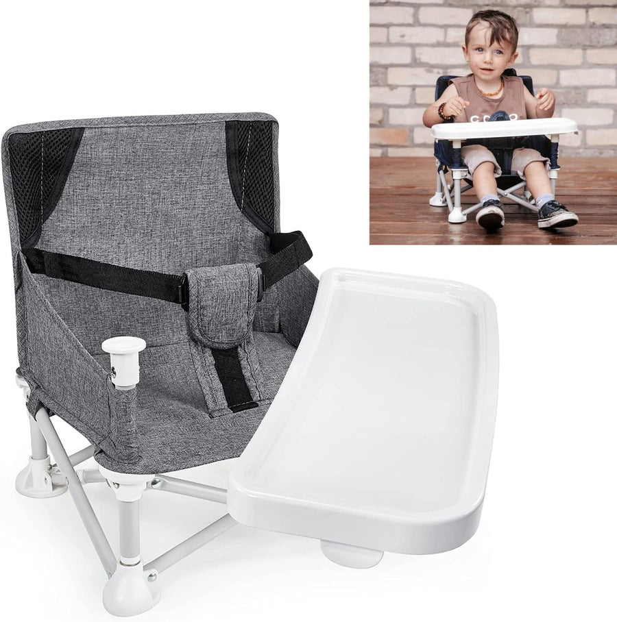 Baby Portable Travel Booster Seat Folding Dining Chair High Multifunctional Child Little Seat Dining Aluminum Alloy Travel Compact high Chair with Tray Grey