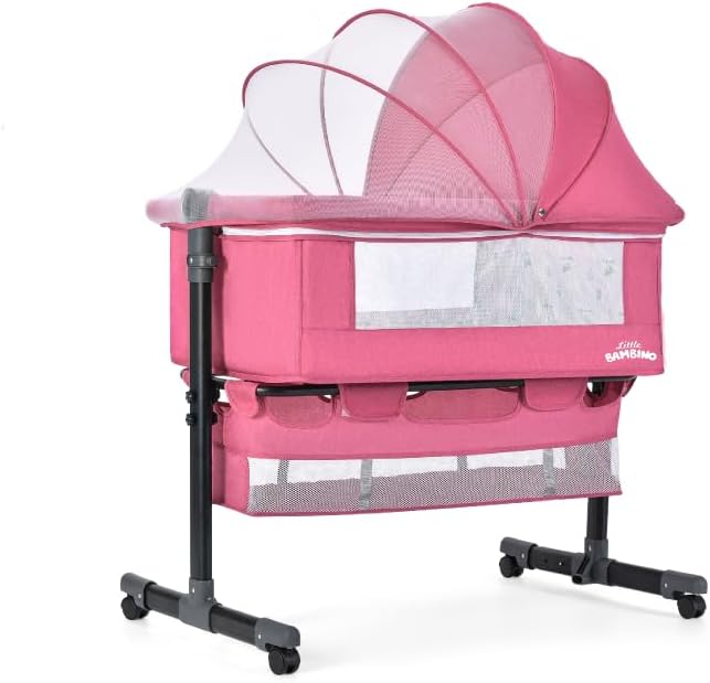 Bedside Crib for Baby, Bassinet Sleeper with Wheels, Height Adjustable, Tilts & Rocks, with Mosquito Nets, Large Storage Bag, for Infant/Baby/Newborn (Pink)