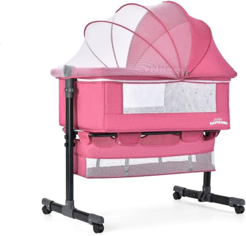 Bedside Crib for Baby, Bassinet Sleeper with Wheels, Height Adjustable, Tilts & Rocks, with Mosquito Nets, Large Storage Bag, for Infant/Baby/Newborn (Pink)
