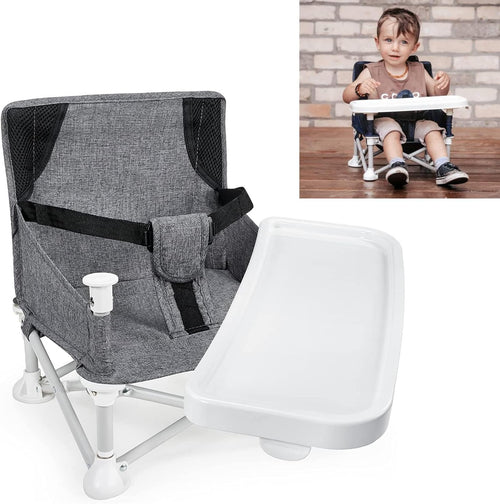Baby Portable Travel Booster Seat Folding Dining Chair High Multifunctional Child Little Seat Dining Aluminum Alloy Travel Compact high Chair with Tray Grey