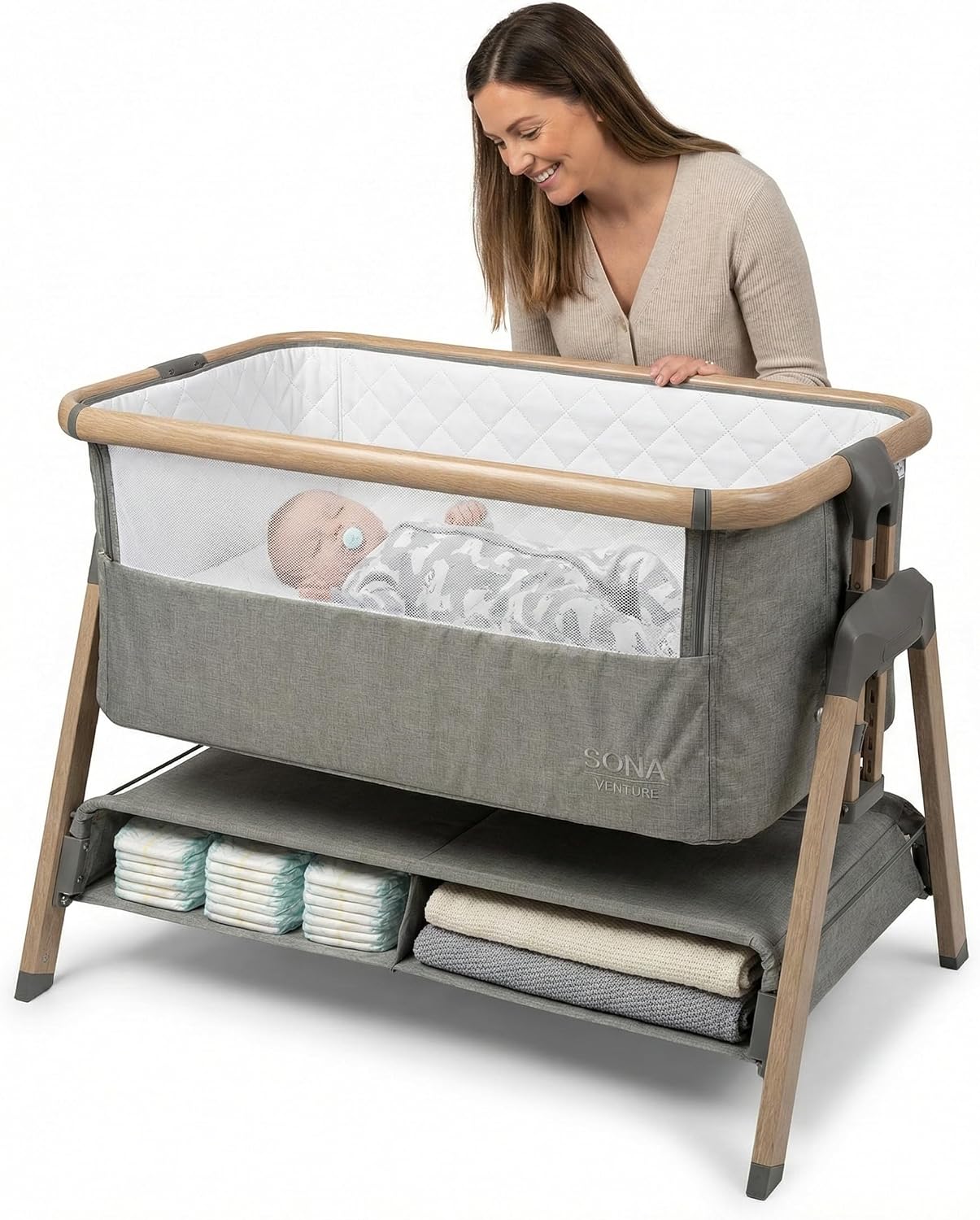 Venture Sona Next To Me Crib – Adjustable Baby Bed with Dropside, Premium Mattress, Breathable Mesh & Storage Shelf - No-Tool Assembly Bedside Baby Crib, Bassinet for Newborns 0–6 Months - Grey